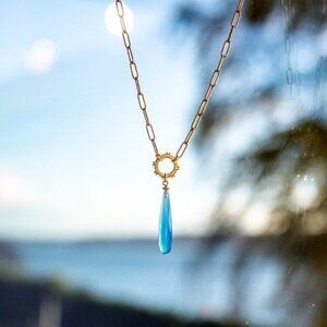 Gold Chain Pendant Necklace Gemstone Pendant Blue Chalcedony BEAUTIFUL Necklace